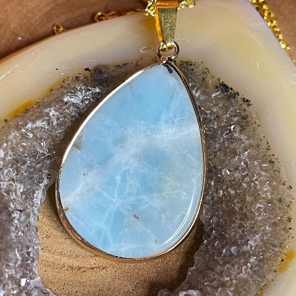 Amazonite gold tone raindrop pendant wrapped 1.5” gold tone stainless steel